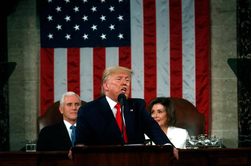 US President Donald Trump (C) delivers his State of the Union address to a joint session of the US Congress in the House chamber of the US Capitol in Washington, DC, USA.  EPA