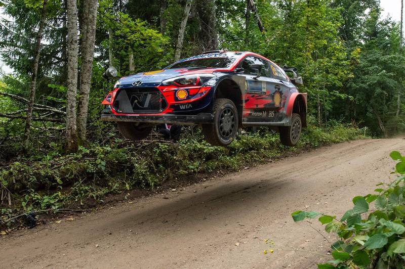 Estonians Ott Tänak and his co-driver Martin Järveoja go airborne in their Hyundai I20 during the test round for the Rally Estonia on Friday, September 4. AFP