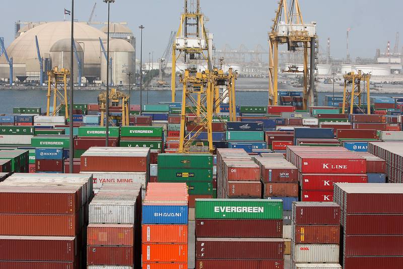 Cargo containers in Jebel Ali Port in Dubai. The UAE was ranked among the top three logistics centres in emerging markets. Pawan Singh / The National
