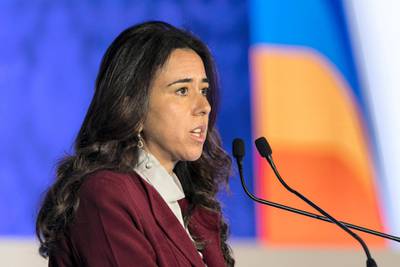 Abu Dhabi, United Arab Emirates, December 18, 2017:    Lana Zaki Nusseibeh Ambassador and Permanent Representative of the United Arab Emirates to the United Nations delivers one of the keynote speeches during the Gender Dimensions of International Peace and Security conference at the Ritz Carlton Grand Canal hotel in the Khor Al Maqta'a area of Abu Dhabi on December 18, 2017. Christopher Pike / The National

Reporter: Caline Malek
Section: News