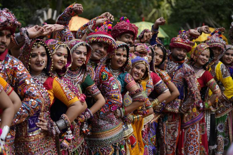 Women wearing traditional attire practise the garba ahead of Navratri in Ahmedabad, India. AP