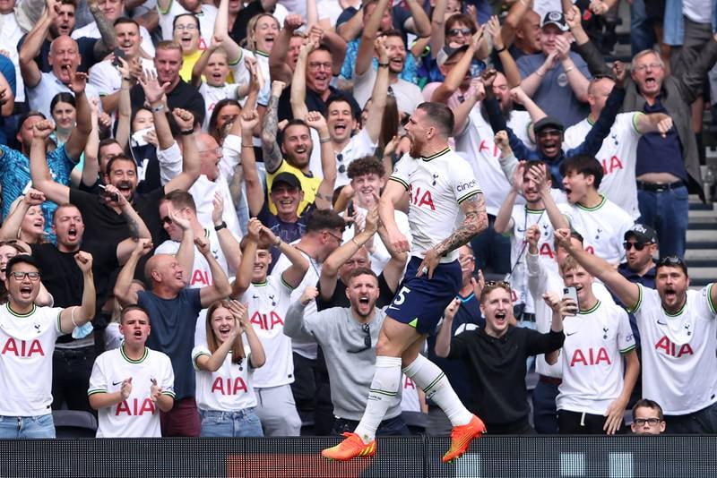 Tottenham's Pierre-Emile Hojbjerg celebrates after scoring the first goal in the 2-1 Premier League win against Fulham at Tottenham Hotspur Stadium on September 3, 2022. Getty