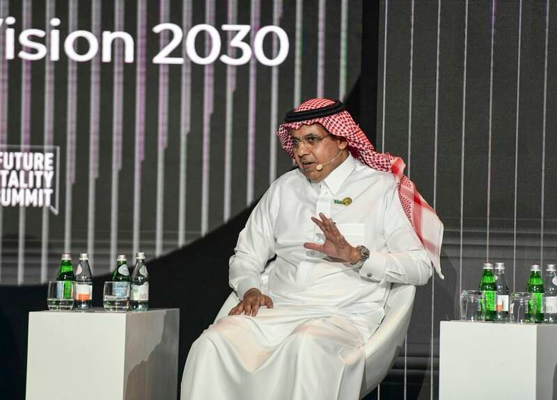 Ahmed Al Juhani, chief executive at Rua Al Madinah Holding, speaks during a panel discussion at the Future Hospitality Summit 2023 on Yas Island, Abu Dhabi. Khushnum Bhandari / The National
