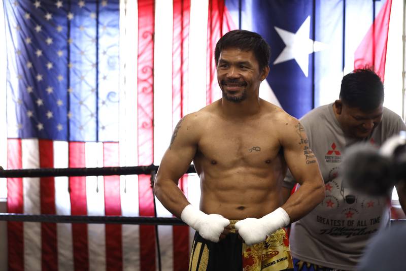 Manny Pacquiao poses for media at Wild Card Boxing Club on August 04, 2021 in Los Angeles, California ahead of his fight against Errol Spence Jr. Pacquaio will instead fight Yordenis Ugas on August 21 after Spence withdrew with an eye injury.