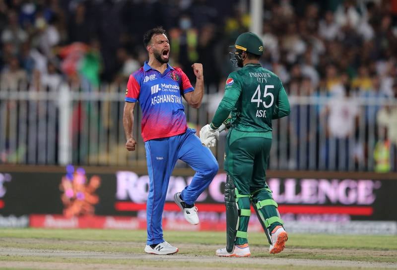 Pakistan's Asif Ali has his wicket taken by by Afghanistan's Fareed Ahmad.
