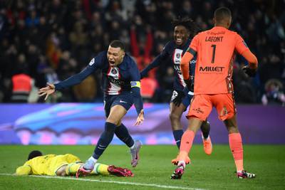 Kylian Mbappe celebrates after scoring the fourth goal for PSG against Nantes. AFP