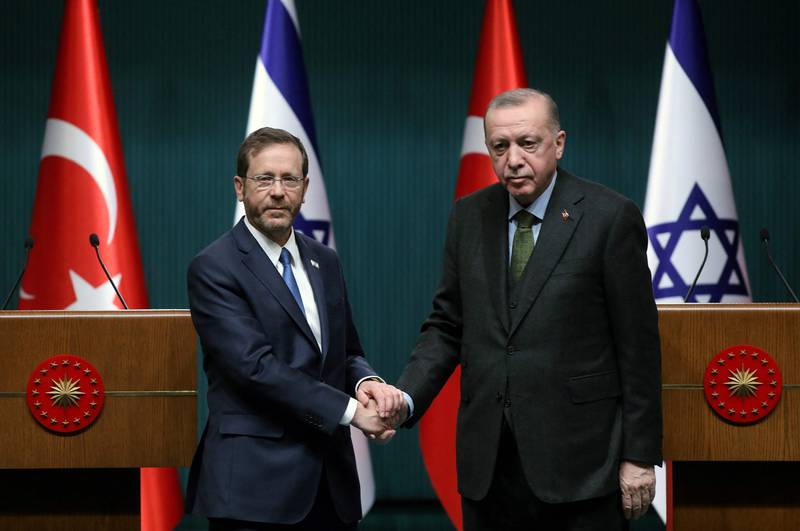 Israeli President Isaac Herzog and Turkish President Recep Tayyip Erdogan met in Ankara in March. AFP