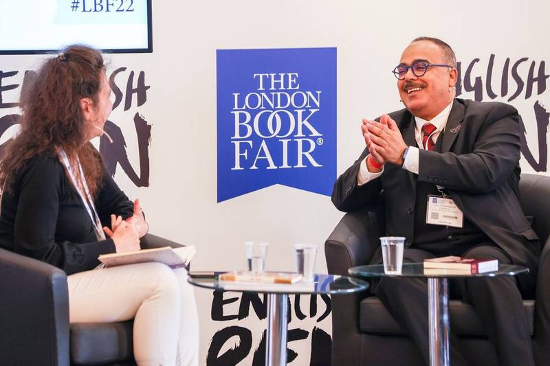 Abdulaziz Almusallam, right, in conversation at the London Book Fair. Photo: instagram.com / @SharjahBookAuthority