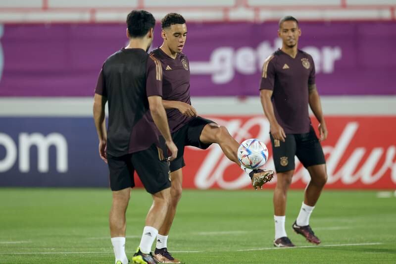 Jamal Musiala with the ball during a Germany training session at Al Shamal Stadium. Getty