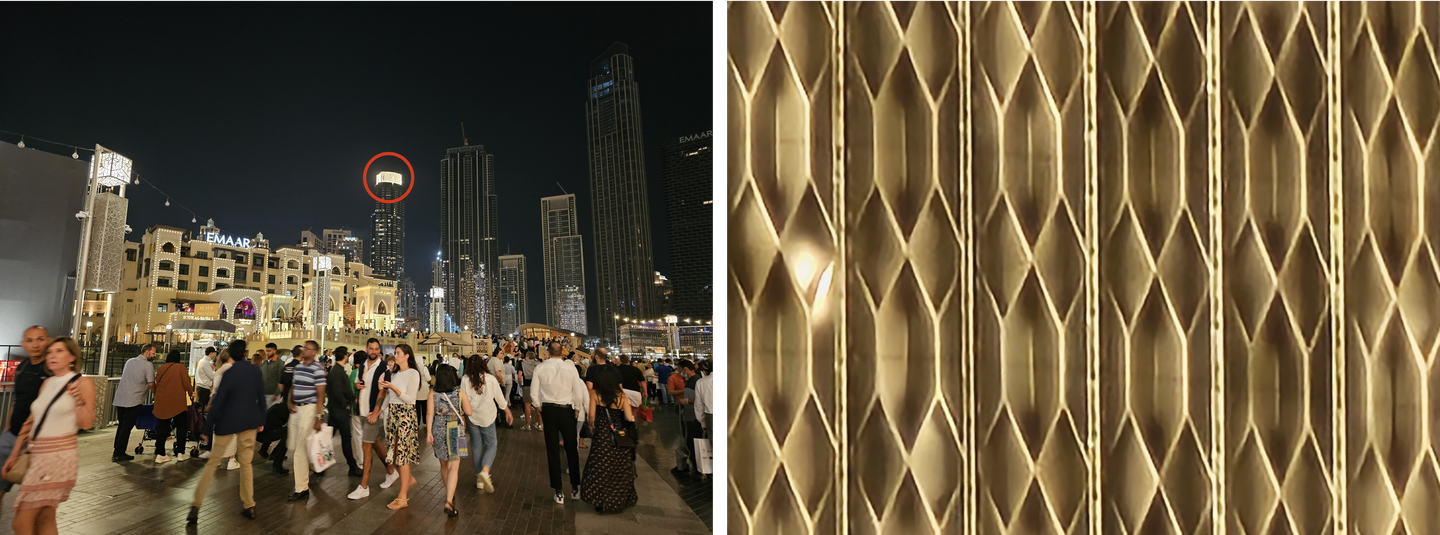 Un exemple de prise de vue avec le zoom spatial 100x sur le Samsung Galaxy S23 dans la zone de la fontaine de Dubaï.
