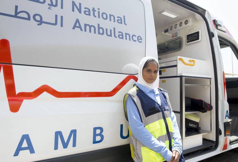 Ajman, United Arab Emirates - Emirati female EMT's Maha Saeed Alfalasi with the national ambulance showing how they respond to a call and provide emergency treatment to residents. Ruel Pableo for The National
