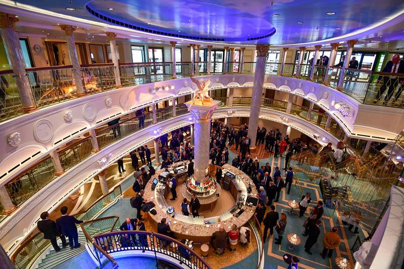 A picture taken on February 28, 2019 onboard the Costa Venezia cruise (Costa group) in Italian company Fincantieri's shipyard in Monfalcone shows a hall inspired by San Marco square.
 The Costa Cruises' Costa Venezia will be able to accommodate 5,260 Chinese tourists, who will travel between Shanghai and Japan. / AFP / Miguel MEDINA
