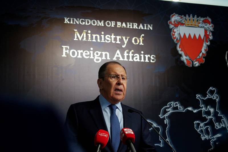 Russian Foreign Minister Sergei Lavrov speaks at a news conference in Manama, Bahrain, on Tuesday. Reuters
