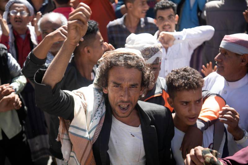 Opposers of Yemen's Houthi rebels shout slogans during a rally in support of the United States and the Trump administration's decision to apply the "terrorist" designation to the Iran-backed movement, in Yemen's third city of Taez. AFP