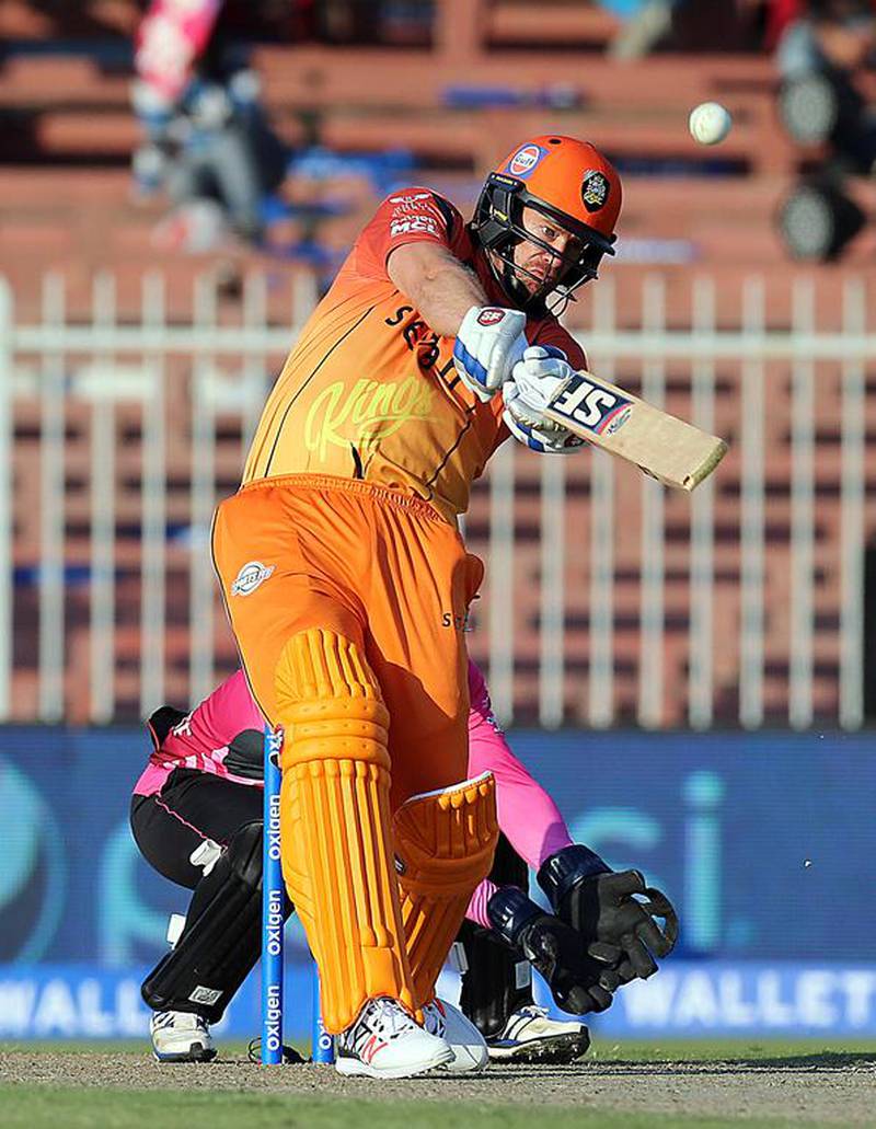 Jacob Oram of Virgo Super Kings in action against Leo Lions during the Masters Champions League match at the Sharjah Cricket Stadium in Sharjah .  ( Satish Kumar / The National  )