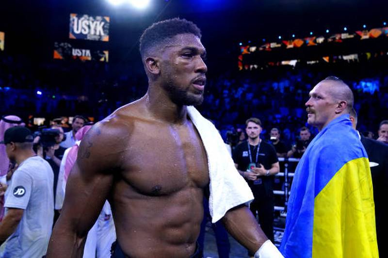 Anthony Joshua looks angry after losing against Oleksandr Usyk in their world heavyweight bout on a split decision at the King Abdullah Sport City Stadium in Jeddah, Saudi Arabia, in August. Getty