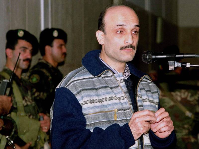 FILE PHOTO MAR95 - Lebanese former Christian warlord Samir Geagea speaks during his trial last March 1995 in a Beirut court. Lebanon's highest court found Samir Geagea not guilty of a 1994 church bombing July 13 but convicted members of his Lebanese Forces (LF) faction for involvement in the attack wich killed 11 people. Reuters
