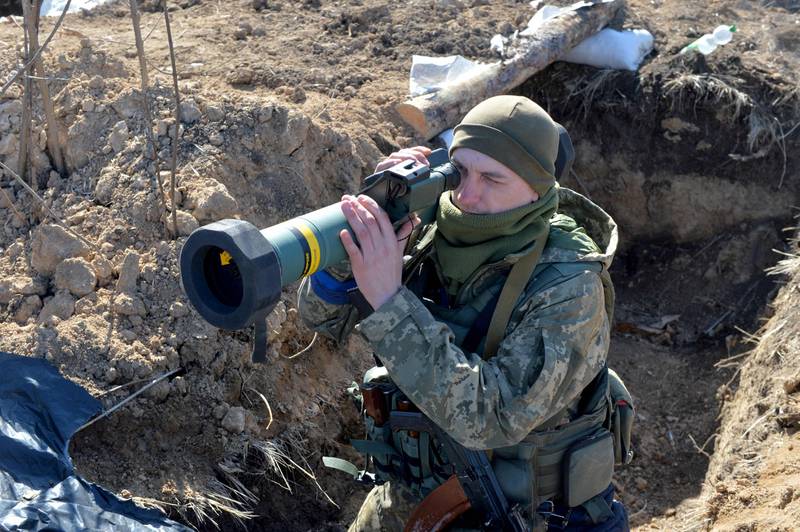 A Ukrainian soldier with an FGM-148 Javelin, an American-made portable anti-tank missile, near Kharkiv on March 23. AFP