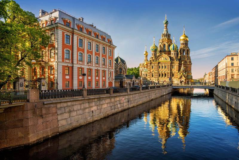 The Cathedral of Our Savior on Spilled Blood with reflection in St. Petersburg, Russia. Courtesy Four Seasons