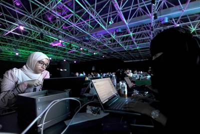 Women attend a hackathon in Jeddah on July 31, 2018, prior to the start of the annual Hajj pilgrimage in the holy city of Mecca.
More than 3,000 software developers and 18,000 computer and information-technology enthusiasts from more than 100 countries take part in Hajj hackathon in Jeddah until August 3. / AFP PHOTO / Amer HILABI