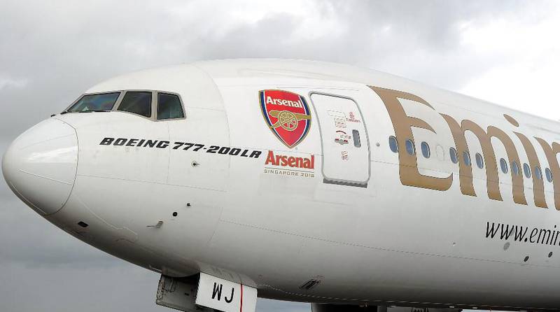 An Emirates Boeing 777-200LR with Arsenal's logo. Getty Images