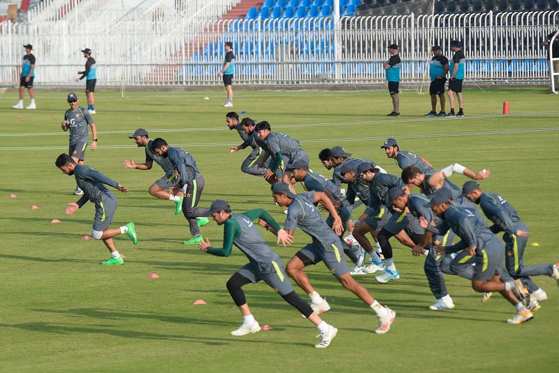 Pakistan's players warm up during a practice session at the Rawalpindi Cricket Stadium ahead of their first ODI against New Zealand. AFP