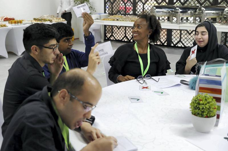 ABU DHABI , UNITED ARAB EMIRATES , February 27 – 2019 :- Bianca Verhoeff from SEDRA ( 2nd right ) giving training to the Volunteers with disabilities for the Special Olympics games at the Abu Dhabi Media Company in Abu Dhabi. ( Pawan Singh / The National ) For News. Story by Ramola
