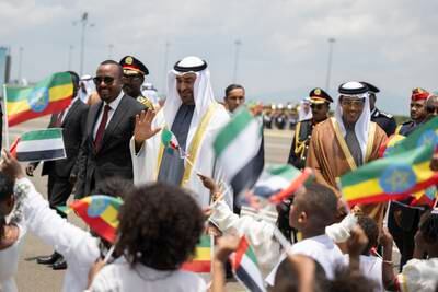 President Sheikh Mohamed welcomed by children at Addis Ababa Bole International Airport during a reception hosted by Ethiopian Prime Minister Abiy Ahmed on August 18. UAE Presidential Court