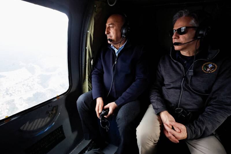 Antony Blinken and Turkish Foreign Minister Mevlut Cavusoglu on a helicopter tour of earthquake-stricken areas in Turkey on Sunday. Reuters