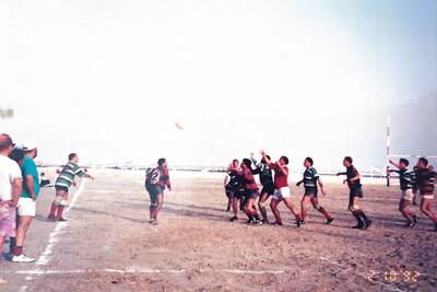 The first Friday rugby matches in Abu Dhabi which were not played on sand were played on training field borrowed from Al Wahda football club. Photo: Andy Cole