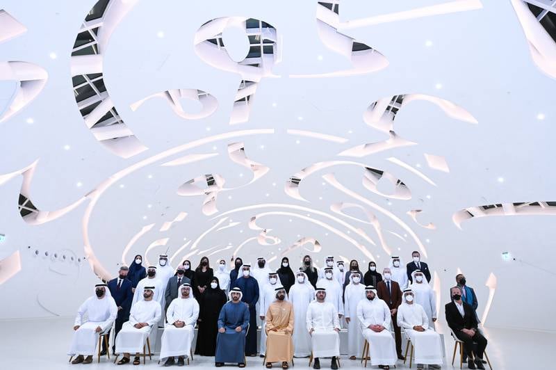 Sheikh Mohammed with his sons, dignitaries and museum officials.