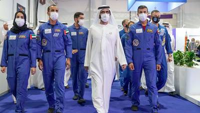 Sheikh Mohammed bin Rashid, Vice President and Ruler of Dubai on a visit to the 72nd International Astronautical Congress at Dubai World Trade Centre on October 25, 2021. Sheikh Mohammed was accompanied, among others, by Emirati astronauts Hazza Al Mansouri, Sultan Al Neyadi and graduates from the second batch of the UAE Astronaut Programme, Nora Al Matrooshi and Mohammed Al Mulla. Wam