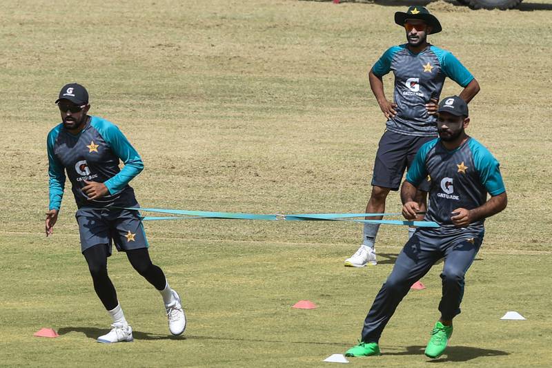 Pakistan captain Babar Azam, left, and Fakhar Zaman during training in Lahore. AFP