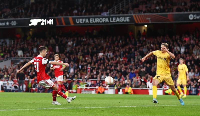 Fabio Vieira scores Arsenal's third goal. Reuters
