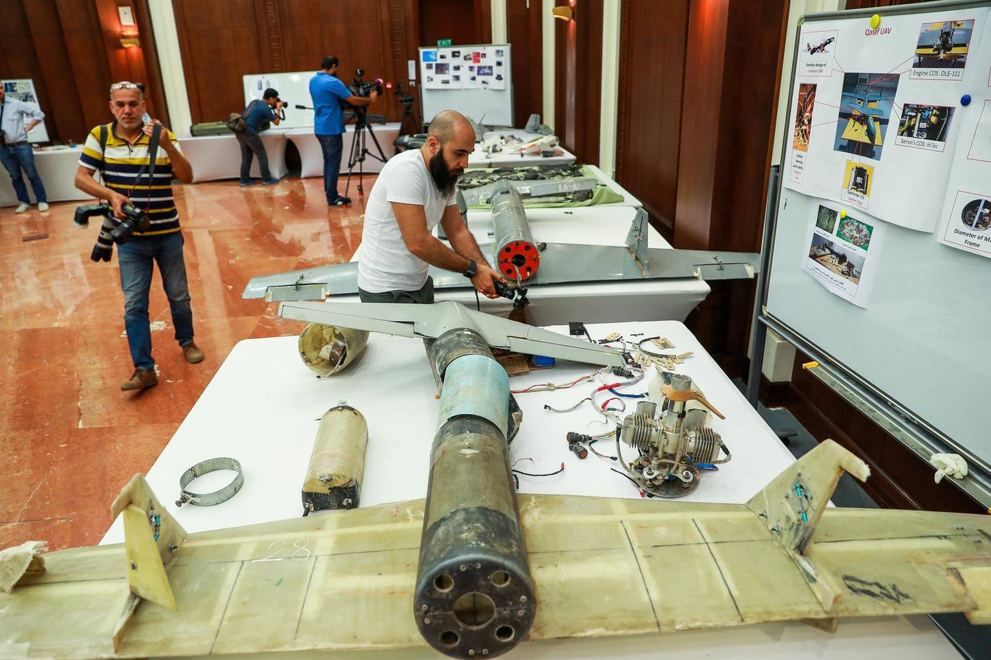 Abu Dhabi, U.A.E., June 19, 2018. Allegedly used Iranian weapons that have been used in Yemen.  Media capuring images of the drones on display.Victor Besa / The NationalSection:  NARequested by:   Jake Badger