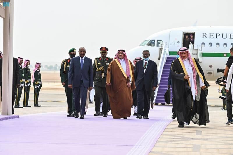 Abdel Fattah Al Burhan, chairman of Sudan's Sovereignty Council, is welcomed to Riyadh. SPA