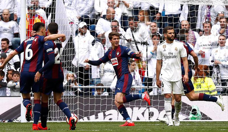 Marc Cardona celebrates after scoring the opening goal for Eibar against Real Madrid. Reuters