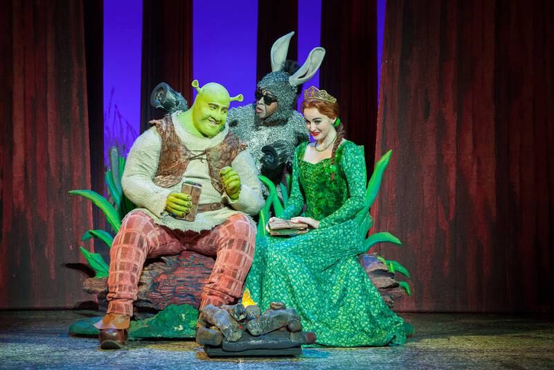 Shrek, Donkey and Princess Fiona in Shrek The Musical. Photo: Broadway Entertainment Group