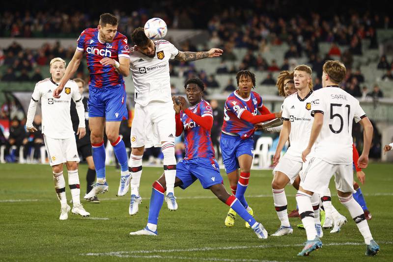 Joel Ward heads home for Crystal Palace against Manchester United at Melbourne Cricket Ground, on July 19. Getty