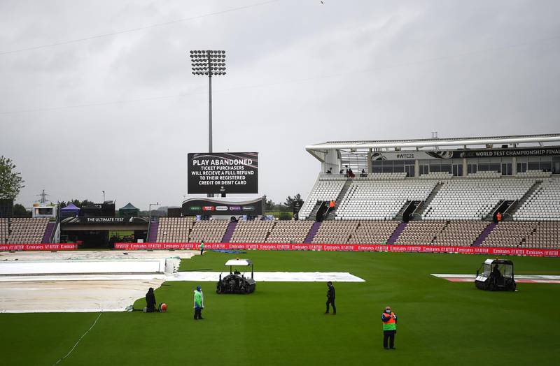 SOUTHAMPTON, ENGLAND - JUNE 21: A general view of the covers as play is abandoned for the day on Day 4 of the ICC World Test Championship Final between India and New Zealand at The Hampshire Bowl on June 21, 2021 in Southampton, England. (Photo by Alex Davidson/Getty Images)