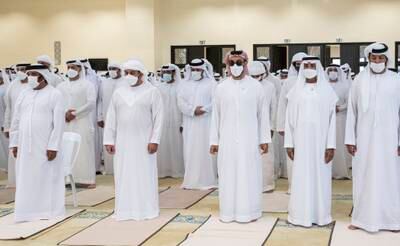 From right: Sheikh Saeed bin Saif, Sheikh Nahyan bin Mubarak, Sheikh Tahnoon bin Zayed, Sheikh Hamdan bin Zayed and Sheikh Saif bin Mohamed attend funeral prayers for Sheikh Khalifa bin Zayed at Sheikh Sultan bin Zayed The First mosque.