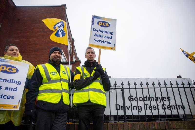 Driving examiners on a PCS picket line outside Goodmayes Driving Test Centre in London. EPA
