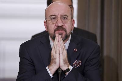 Charles Michel, President of the European Council, attends a meeting at the Elysee Palace in Paris. AP