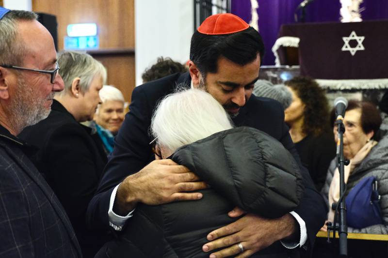 Scottish First Minister Humza Yousaf hugs the mother of David Cowan, who was killed in Israel last week, at a service of prayer and solidarity last night with Scotland's Jewish community. Photo: @ScotGovFM / Twitter