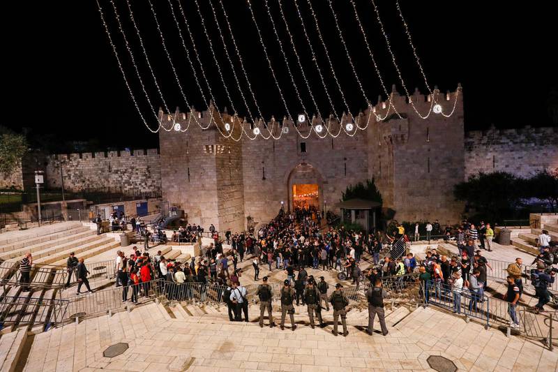 Israeli police guarding the blocked areas around Damascus Gate of the Old City in Jerusalem, April 25, 2021. EPA