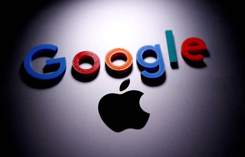 Google and Apple logos. The two tech companies face a probe by Mexico's telecoms regulator IFT. Reuters