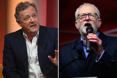 Piers Morgan, left, and Jeremy Corbyn clashed over Hamas during a TV interview. PA / Getty Images