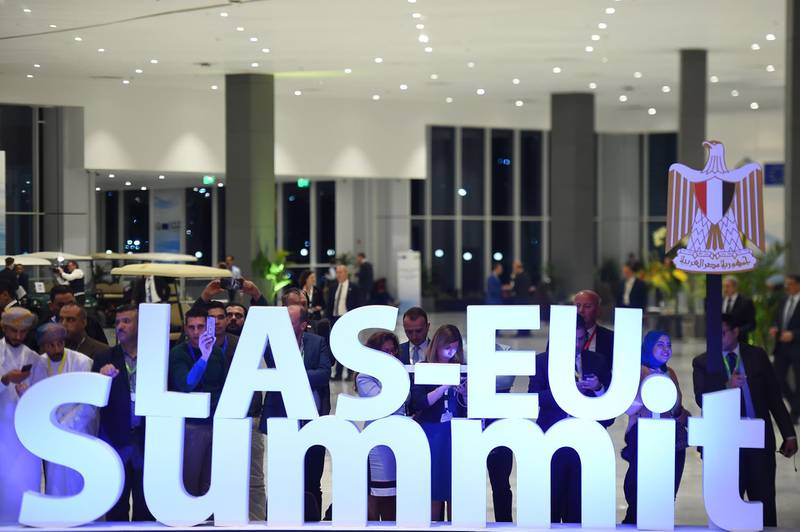 The logo of the first joint European Union and Arab League summit is pictured at the International Congress Centre in the Sharm El Sheikh, Egypt. AFP