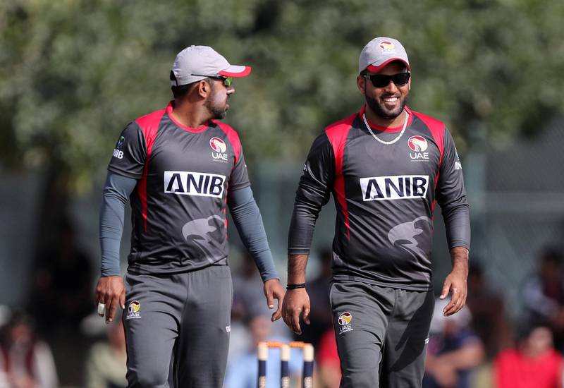 Dubai, United Arab Emirates - January 26, 2019: Capt Mohammad Naveed (R) of the UAE smiles in the the match between the UAE and Nepal in a one day internationl. Saturday, January 26th, 2019 at ICC, Dubai. Chris Whiteoak/The National