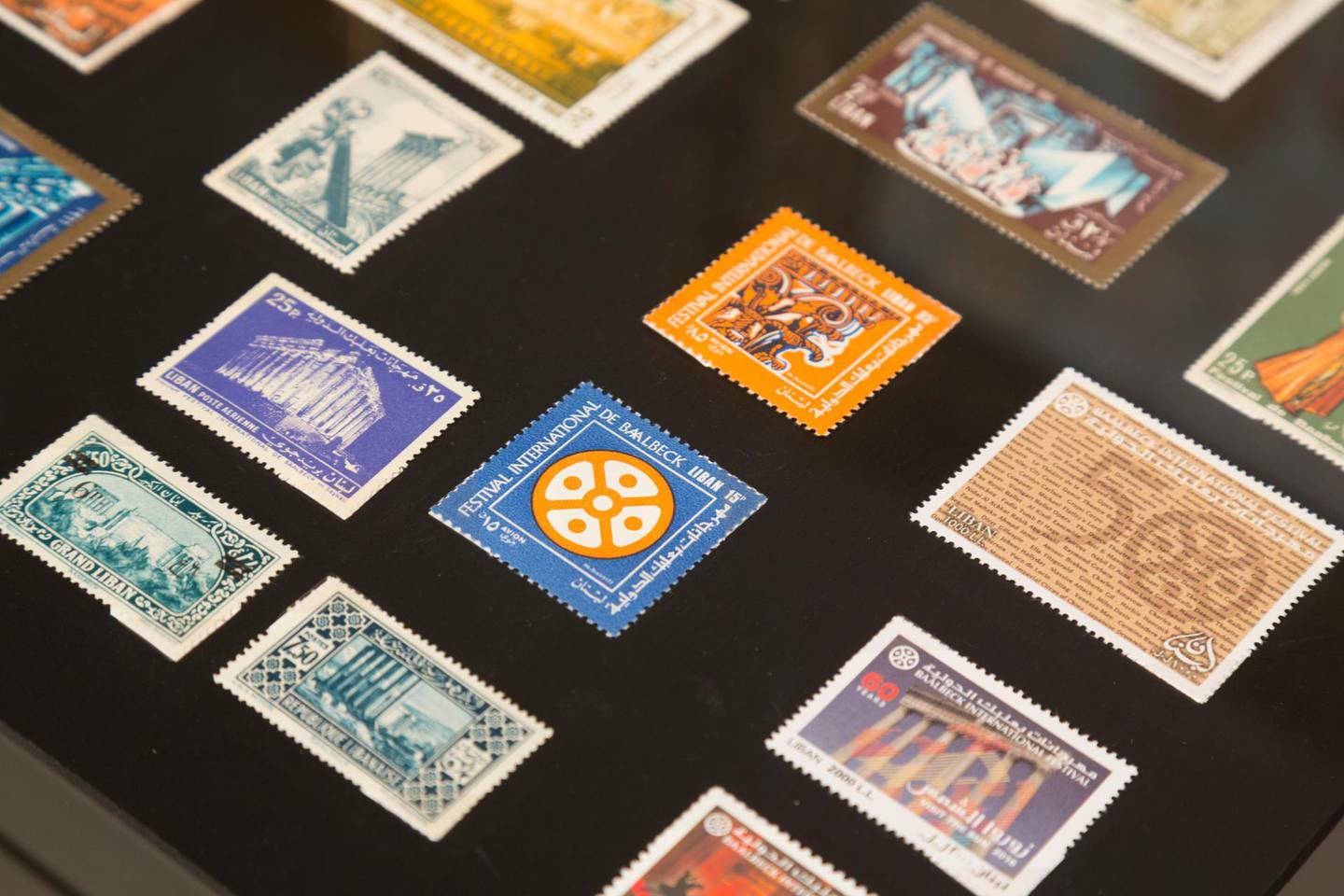 Stamps featuring Baalbek on display at the exhibition. Photos by Christopher Baaklini. Courtesy of Sursock Museum